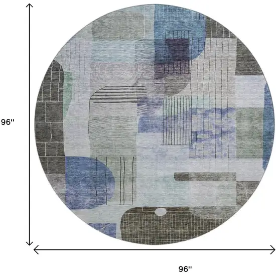 8' Blue Gray And Green Abstract Geometric Washable Round Rug With UV Protection Photo 9