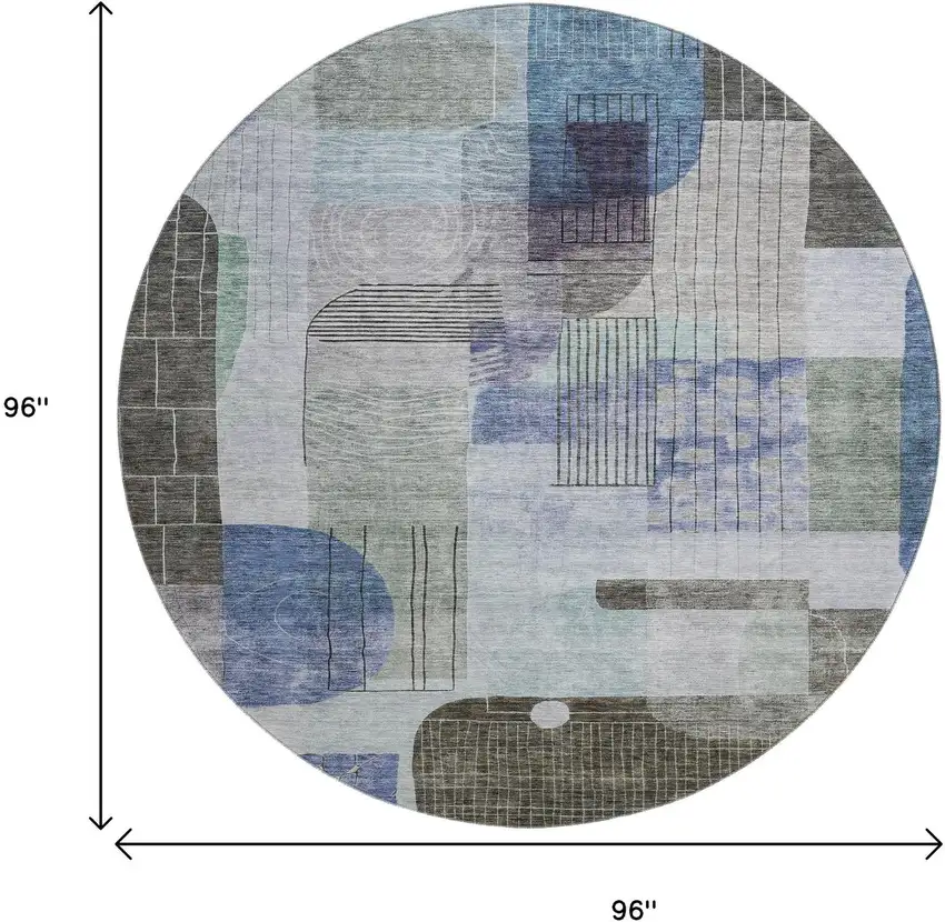 8' Blue Gray And Green Abstract Geometric Washable Round Rug With UV Protection Photo 9