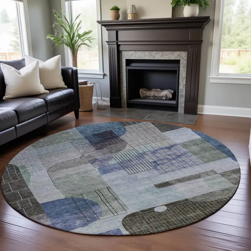 8' Blue Gray And Green Abstract Geometric Washable Round Rug With UV Protection Photo 4