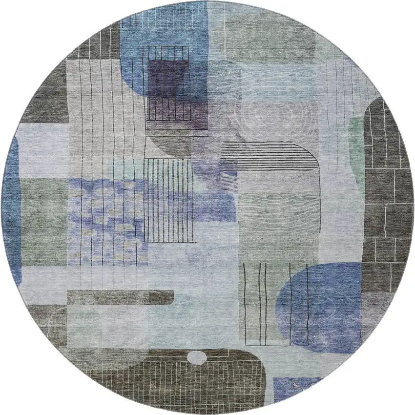 8' Blue Gray And Green Abstract Geometric Washable Round Rug With UV Protection Photo 3