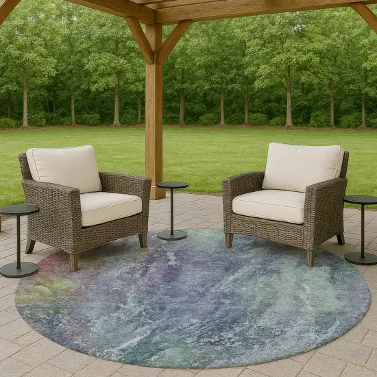 8' Blue Gray And Green Round Abstract Washable Indoor Outdoor Area Rug Photo 8