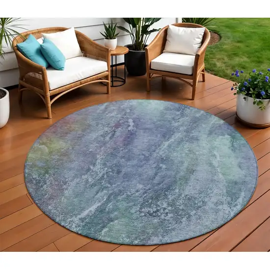 8' Blue Gray And Green Round Abstract Washable Indoor Outdoor Area Rug Photo 1