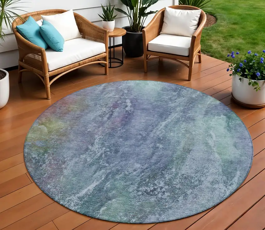 8' Blue Gray And Green Round Abstract Washable Indoor Outdoor Area Rug Photo 1