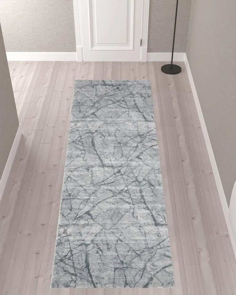 10' Blue Gray And Ivory Abstract Distressed Stain Resistant Runner Rug Photo 2