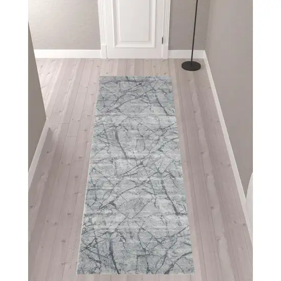 10' Blue Gray And Ivory Abstract Distressed Stain Resistant Runner Rug Photo 2
