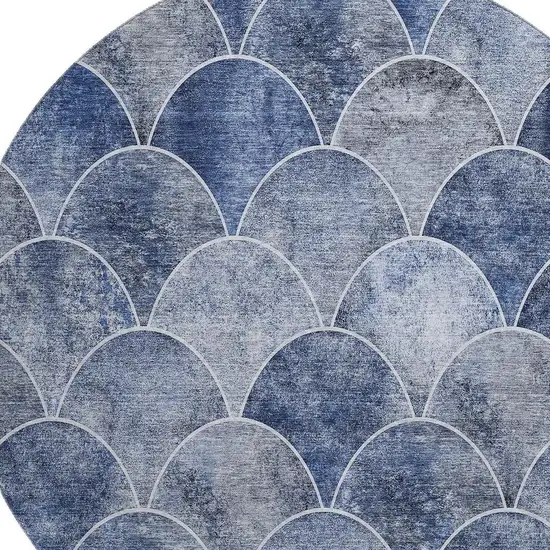 8' Blue Gray And Ivory Abstract Geometric Washable Round Rug With UV Protection Photo 6