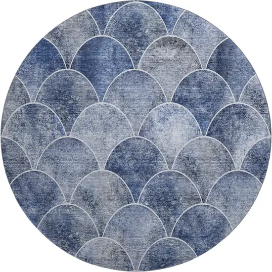 8' Blue Gray And Ivory Abstract Geometric Washable Round Rug With UV Protection Photo 1