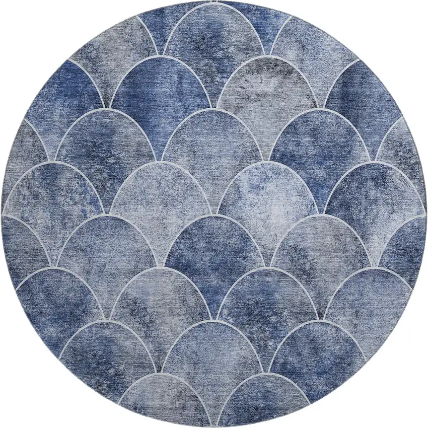 8' Blue Gray And Ivory Abstract Geometric Washable Round Rug With UV Protection Photo 1