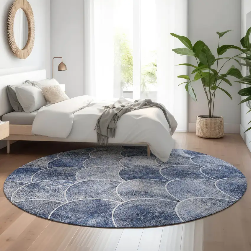 8' Blue Gray And Ivory Abstract Geometric Washable Round Rug With UV Protection Photo 5