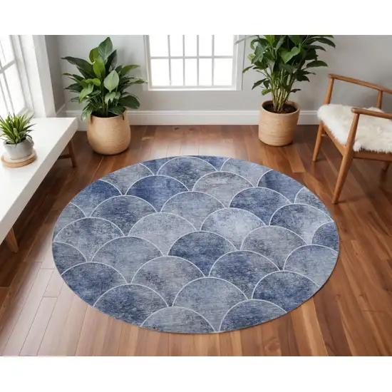 8' Blue Gray And Ivory Abstract Geometric Washable Round Rug With UV Protection Photo 2