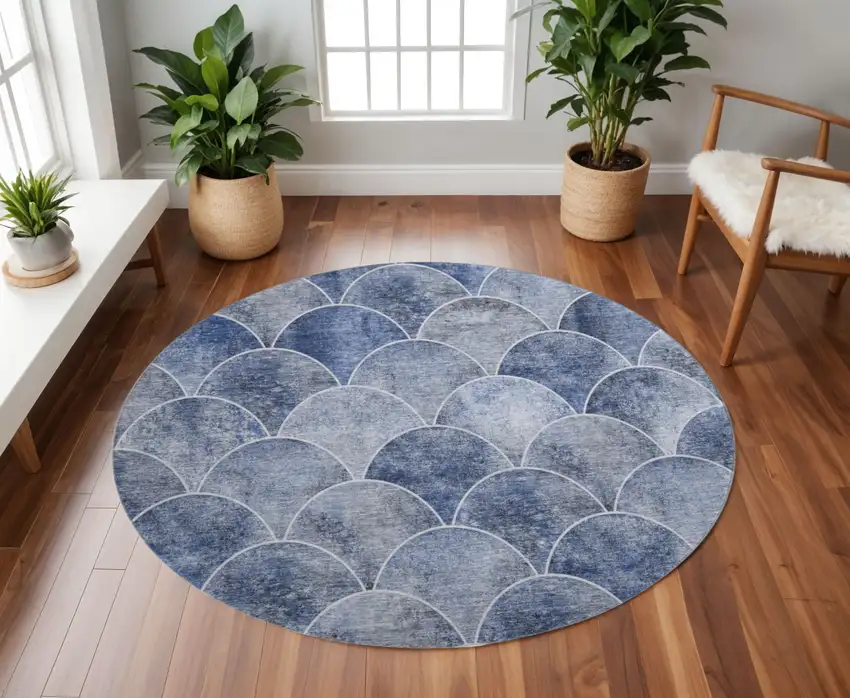 8' Blue Gray And Ivory Abstract Geometric Washable Round Rug With UV Protection Photo 2