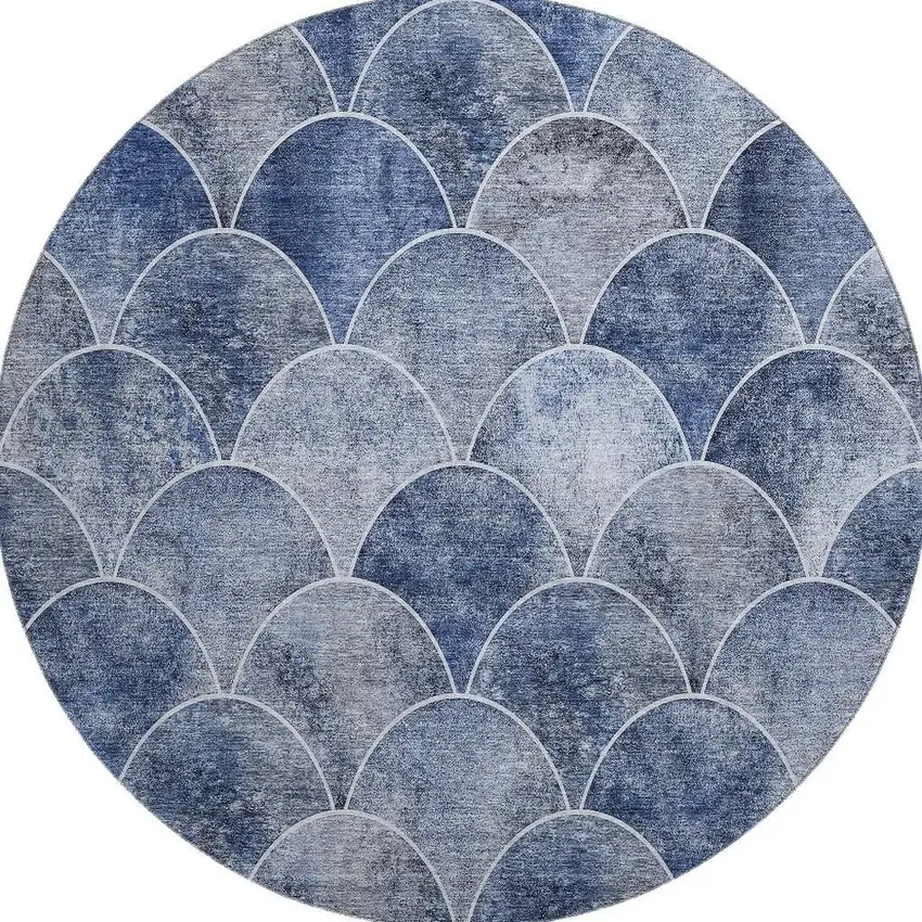 8' Blue Gray And Ivory Abstract Geometric Washable Round Rug With UV Protection Photo 3