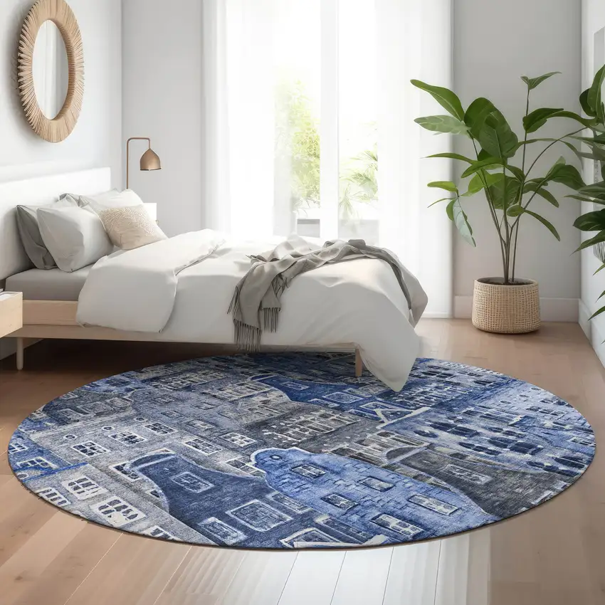 8' Blue Gray And Ivory Abstract Geometric Washable Round Rug With UV Protection Photo 5