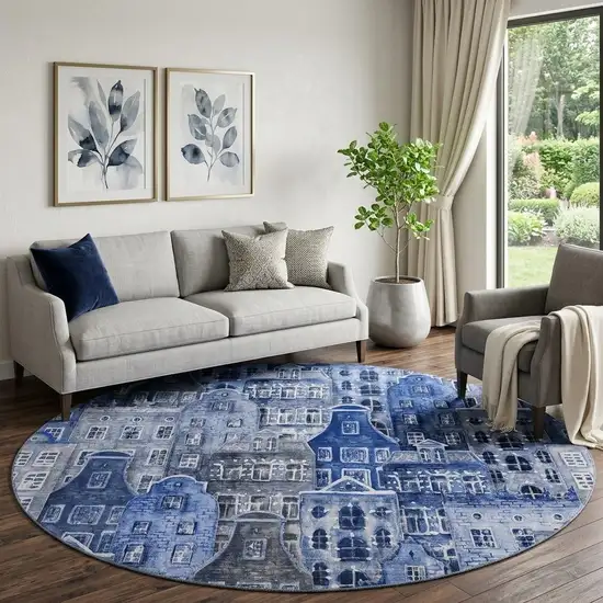 8' Blue Gray And Ivory Abstract Geometric Washable Round Rug With UV Protection Photo 1