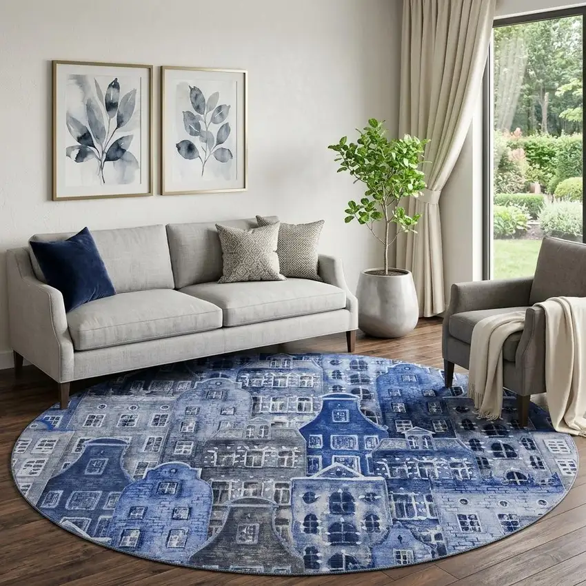 8' Blue Gray And Ivory Abstract Geometric Washable Round Rug With UV Protection Photo 1
