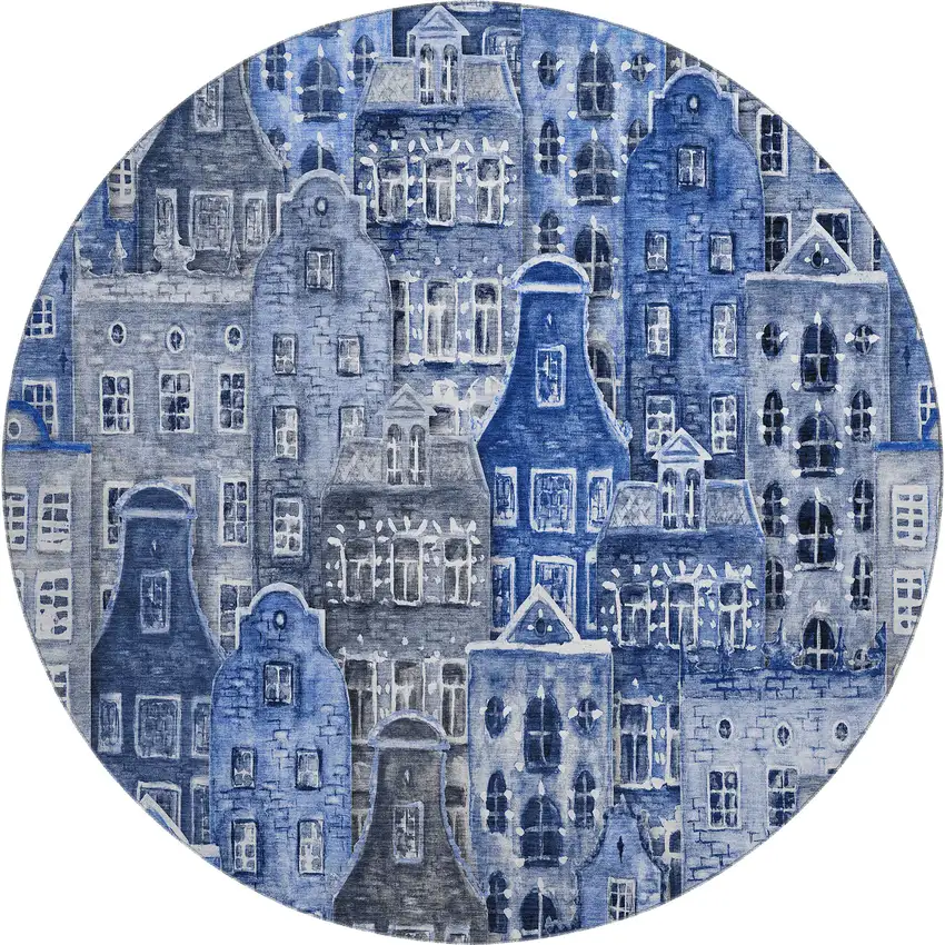 8' Blue Gray And Ivory Abstract Geometric Washable Round Rug With UV Protection Photo 1