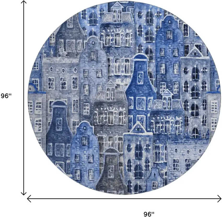 8' Blue Gray And Ivory Abstract Geometric Washable Round Rug With UV Protection Photo 3