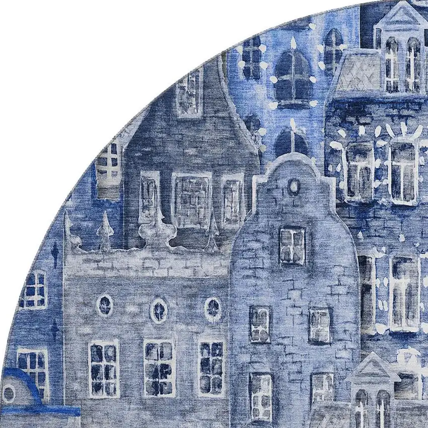 8' Blue Gray And Ivory Abstract Geometric Washable Round Rug With UV Protection Photo 3