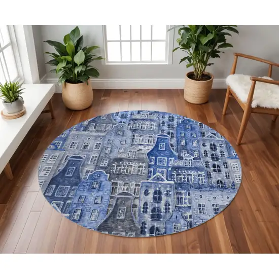 8' Blue Gray And Ivory Abstract Geometric Washable Round Rug With UV Protection Photo 2