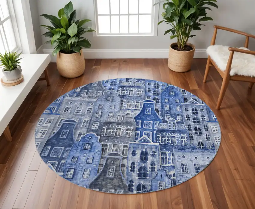 8' Blue Gray And Ivory Abstract Geometric Washable Round Rug With UV Protection Photo 2