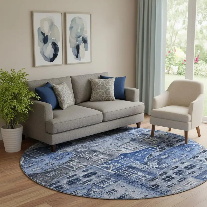 8' Blue Gray And Ivory Abstract Geometric Washable Round Rug With UV Protection Photo 1