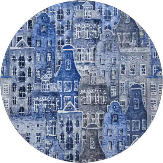 8' Blue Gray And Ivory Abstract Geometric Washable Round Rug With UV Protection Photo 4