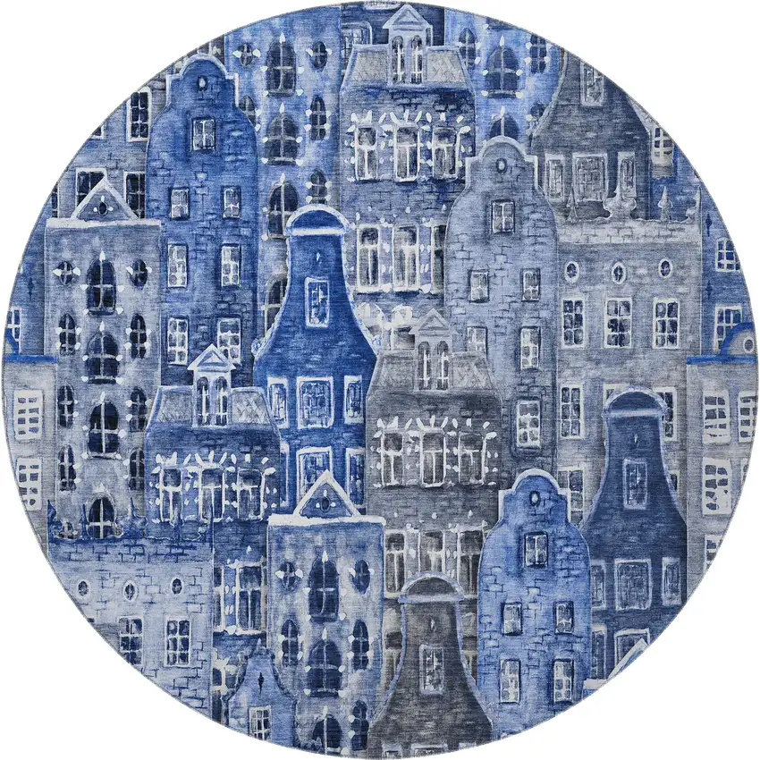 8' Blue Gray And Ivory Abstract Geometric Washable Round Rug With UV Protection Photo 4