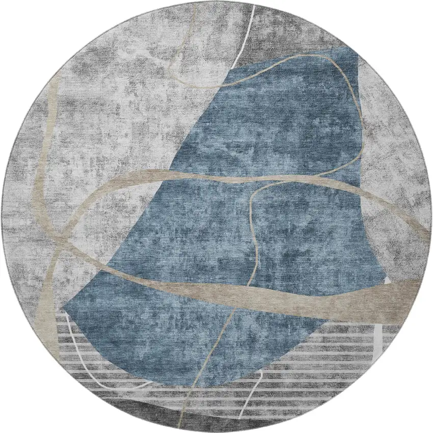 8' Blue Gray And Ivory Abstract Geometric Washable Round Rug With UV Protection Photo 4