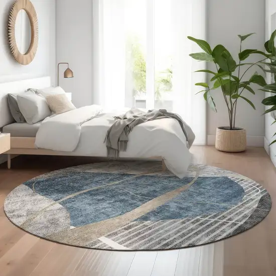 8' Blue Gray And Ivory Abstract Geometric Washable Round Rug With UV Protection Photo 5