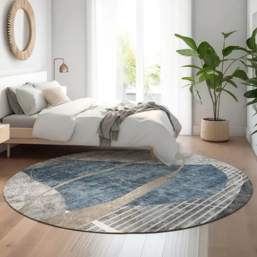 8' Blue Gray And Ivory Abstract Geometric Washable Round Rug With UV Protection Photo 5