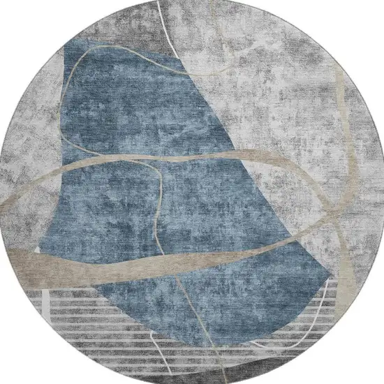 8' Blue Gray And Ivory Abstract Geometric Washable Round Rug With UV Protection Photo 3