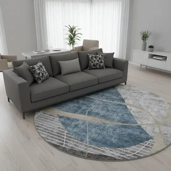 8' Blue Gray And Ivory Abstract Geometric Washable Round Rug With UV Protection Photo 2