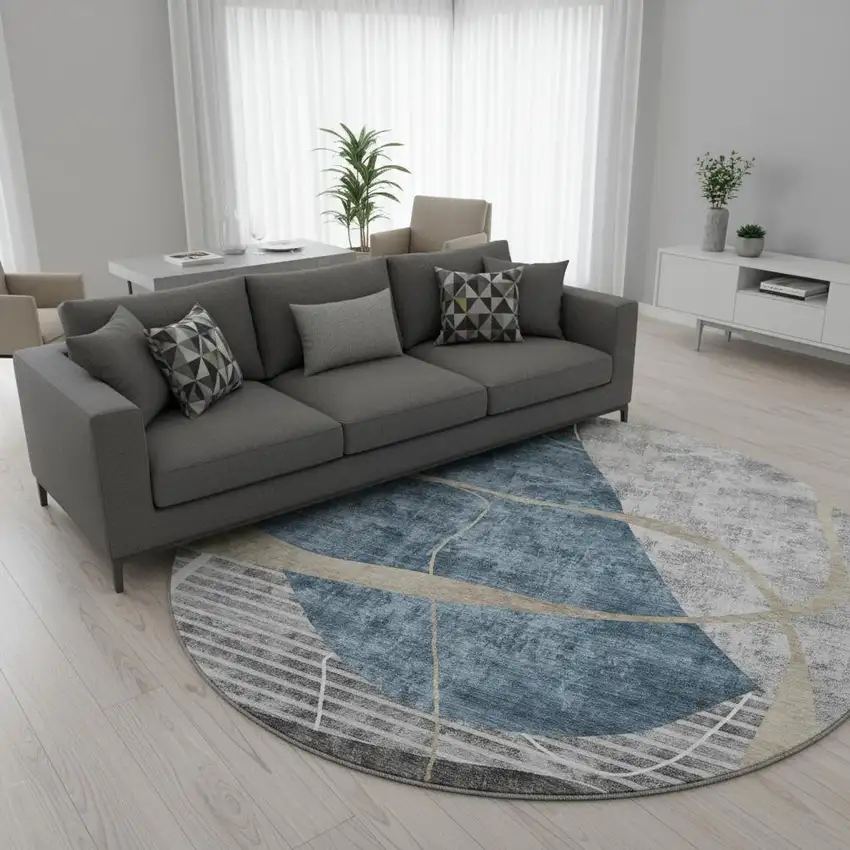 8' Blue Gray And Ivory Abstract Geometric Washable Round Rug With UV Protection Photo 2