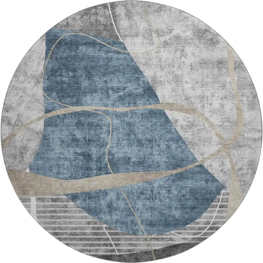 8' Blue Gray And Ivory Abstract Geometric Washable Round Rug With UV Protection Photo 1