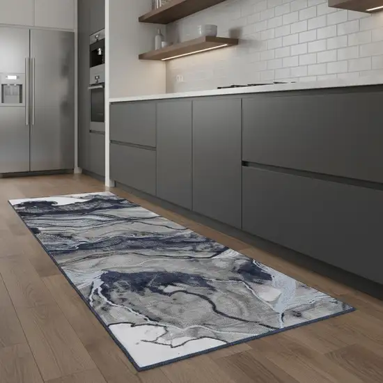 8' Blue Gray And Ivory Abstract Power Loom Runner Rug Photo 1