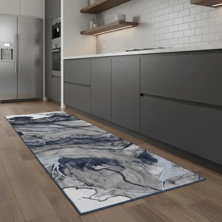 8' Blue Gray And Ivory Abstract Power Loom Runner Rug Photo 1