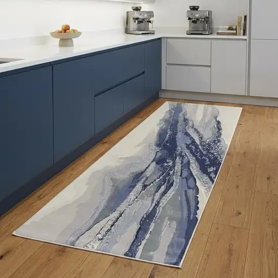 8' Blue Gray And Ivory Abstract Power Loom Runner Rug Photo 1