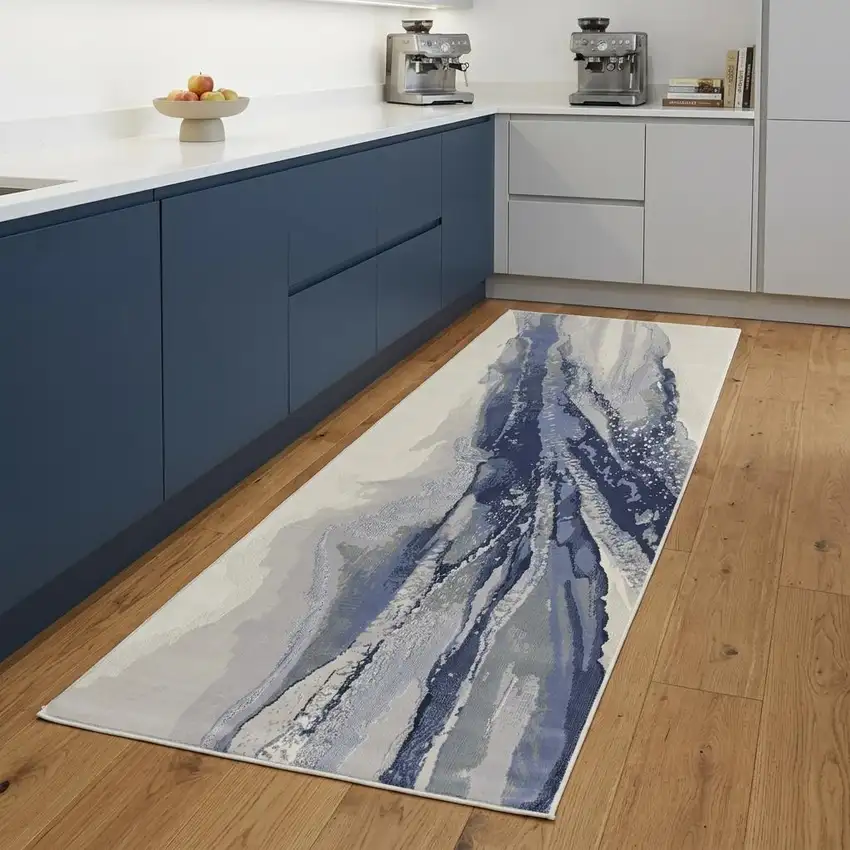 8' Blue Gray And Ivory Abstract Power Loom Runner Rug Photo 1