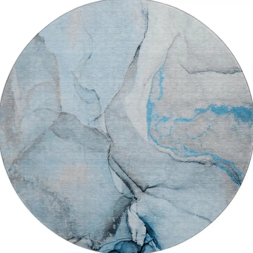 8' Blue Gray And Ivory Abstract Washable Round Rug With UV Protection Photo 3