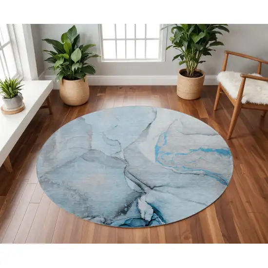 8' Blue Gray And Ivory Abstract Washable Round Rug With UV Protection Photo 2