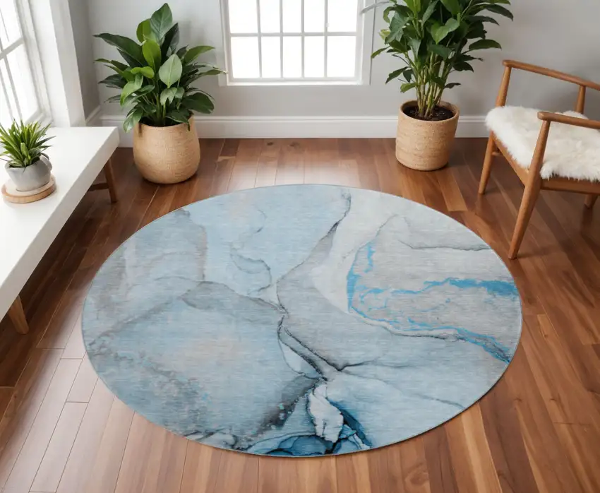 8' Blue Gray And Ivory Abstract Washable Round Rug With UV Protection Photo 2