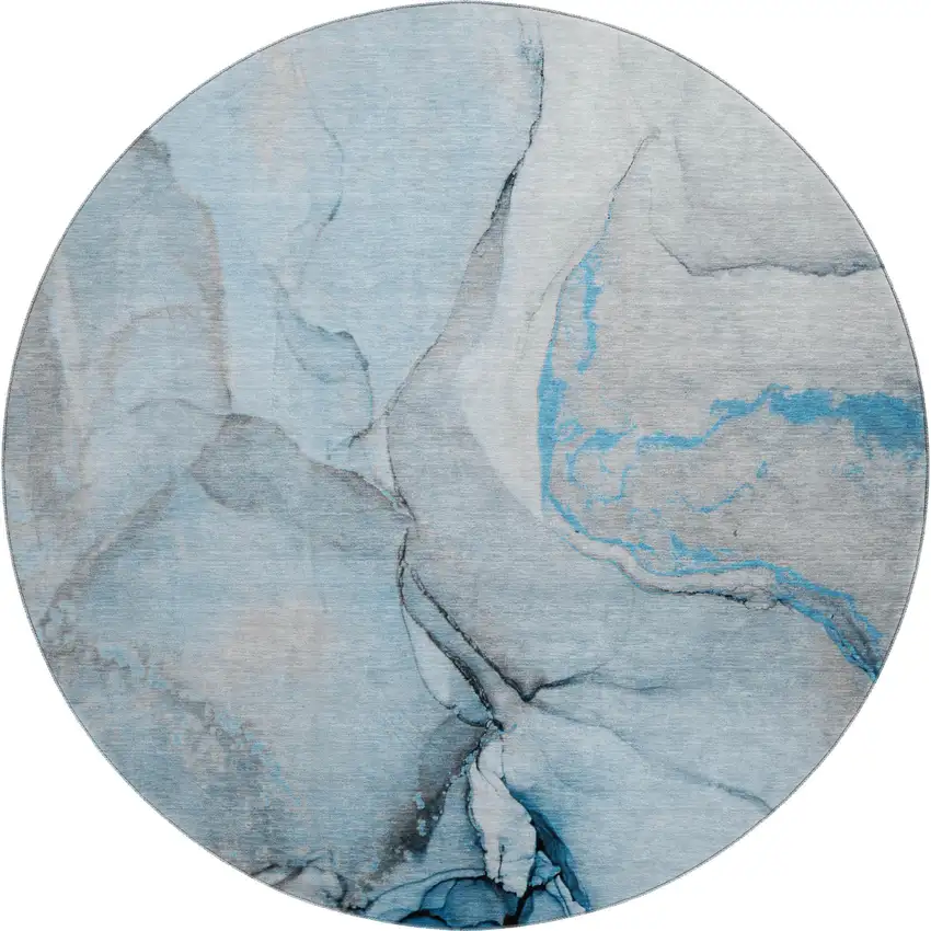 8' Blue Gray And Ivory Abstract Washable Round Rug With UV Protection Photo 1