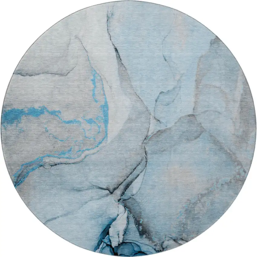 8' Blue Gray And Ivory Abstract Washable Round Rug With UV Protection Photo 4