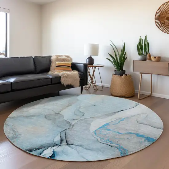 8' Blue Gray And Ivory Abstract Washable Round Rug With UV Protection Photo 5