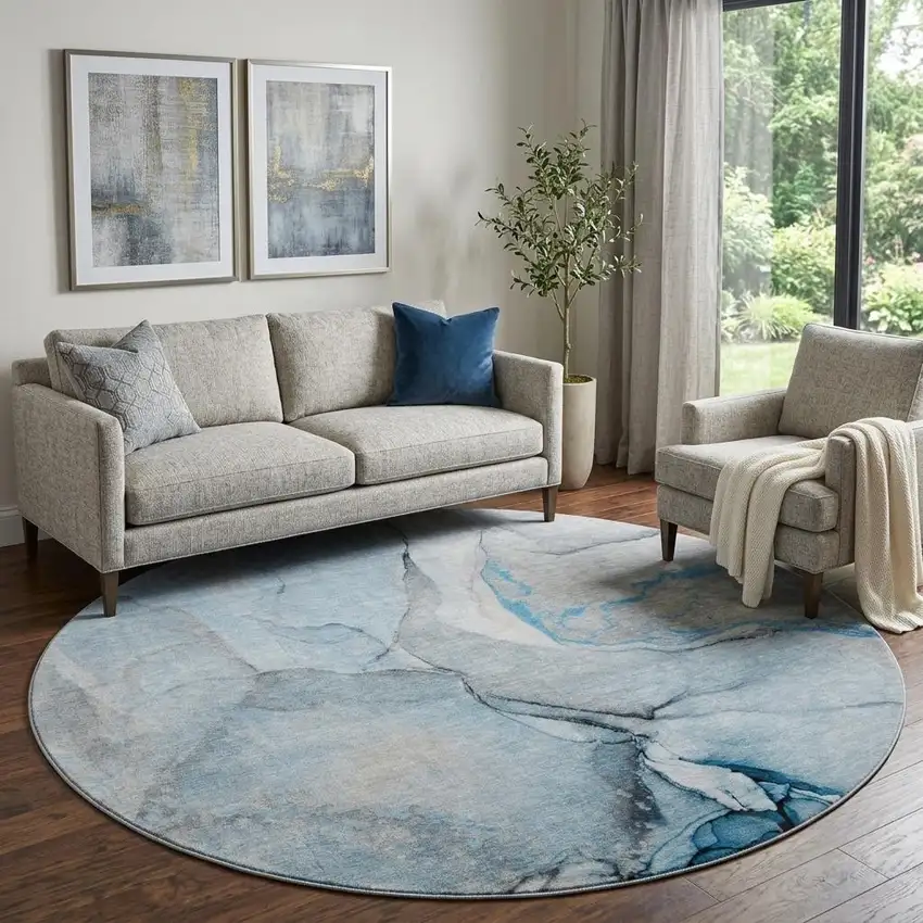 8' Blue Gray And Ivory Abstract Washable Round Rug With UV Protection Photo 1