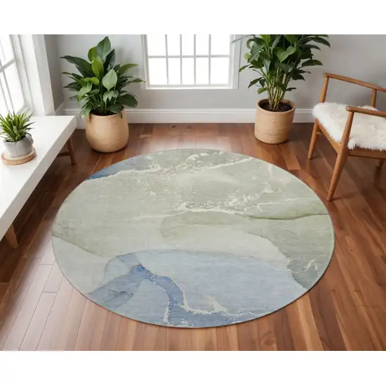 8' Blue Gray And Ivory Abstract Washable Round Rug With UV Protection Photo 2