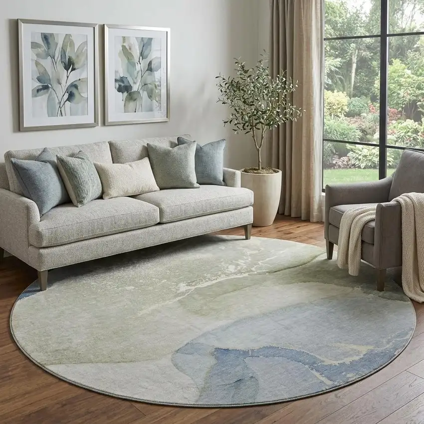 8' Blue Gray And Ivory Abstract Washable Round Rug With UV Protection Photo 1