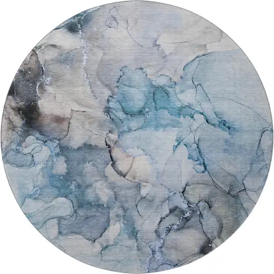 8' Blue Gray And Ivory Abstract Washable Round Rug With UV Protection Photo 3