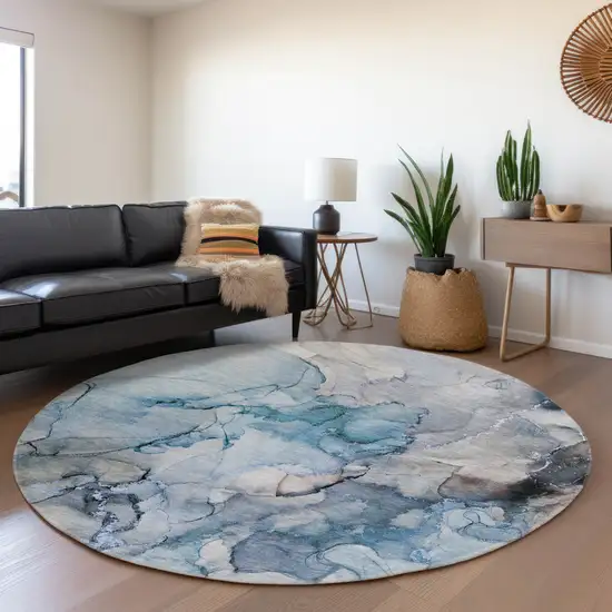 8' Blue Gray And Ivory Abstract Washable Round Rug With UV Protection Photo 4