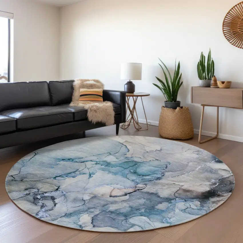 8' Blue Gray And Ivory Abstract Washable Round Rug With UV Protection Photo 4